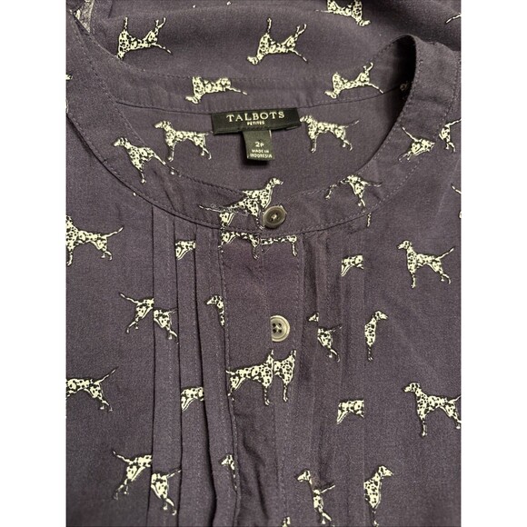 Talbots Dalmatian 3/4 Button Front Shirt Womens Blue Pleated Long Sleeve Size 2P - Picture 3 of 8